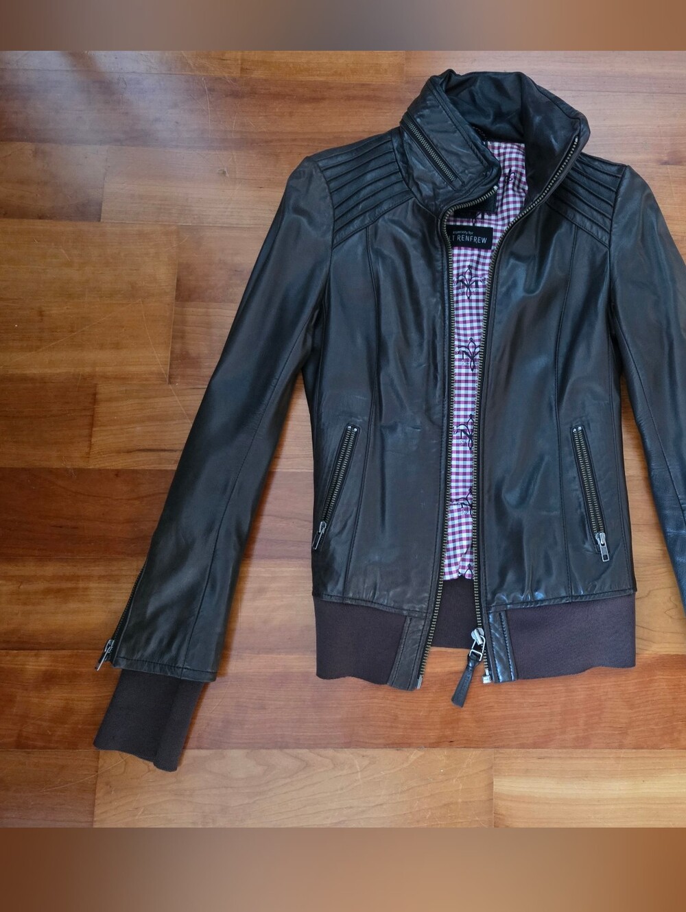 Mackage Brown Leather Bomber Jacket with Quilted Shoulders